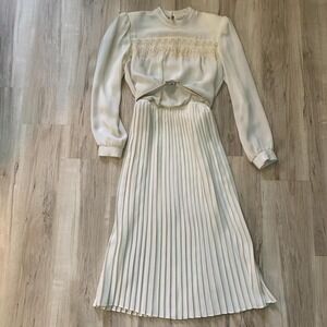 Vintage 1970s Monica Richards lace pleated midi dress with belt & shoulder pads